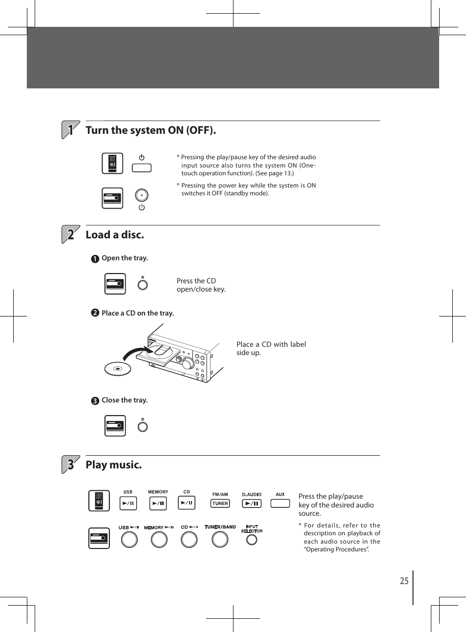 Load a disc. play music. turn the system on (off) | Kenwood K-501USB User Manual | Page 25 / 28
