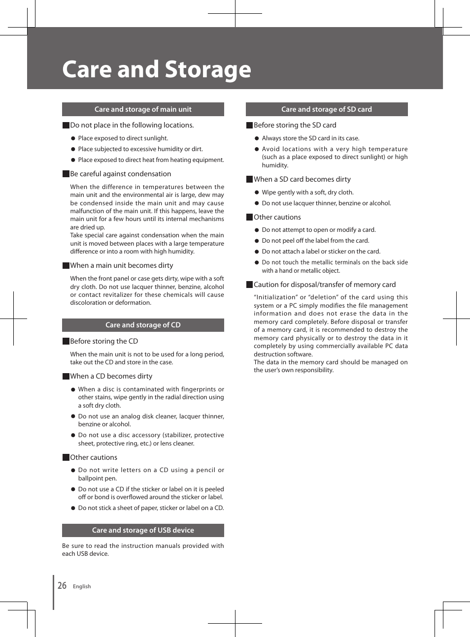 Care and storage | Kenwood K-501USB User Manual | Page 26 / 28