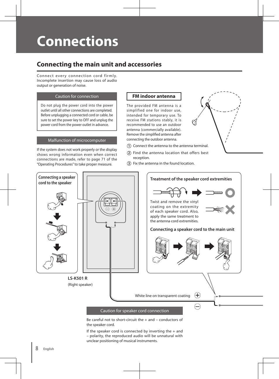 Connections, Connecting the main unit and accessories | Kenwood K-501USB User Manual | Page 8 / 28