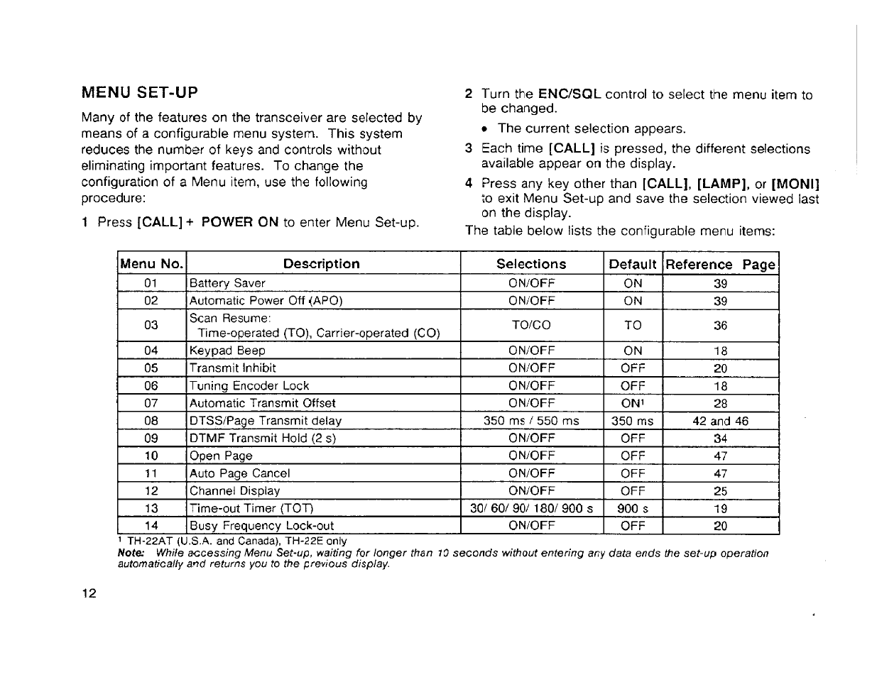 Menu set-up | Kenwood TH-42A User Manual | Page 18 / 78