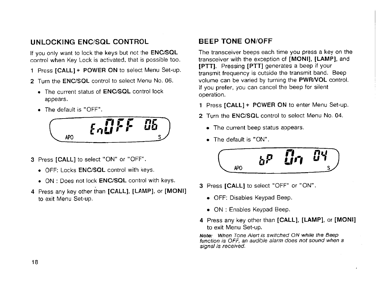 Unlocking enc/sql control beep tone on/off | Kenwood TH-42A User Manual | Page 24 / 78