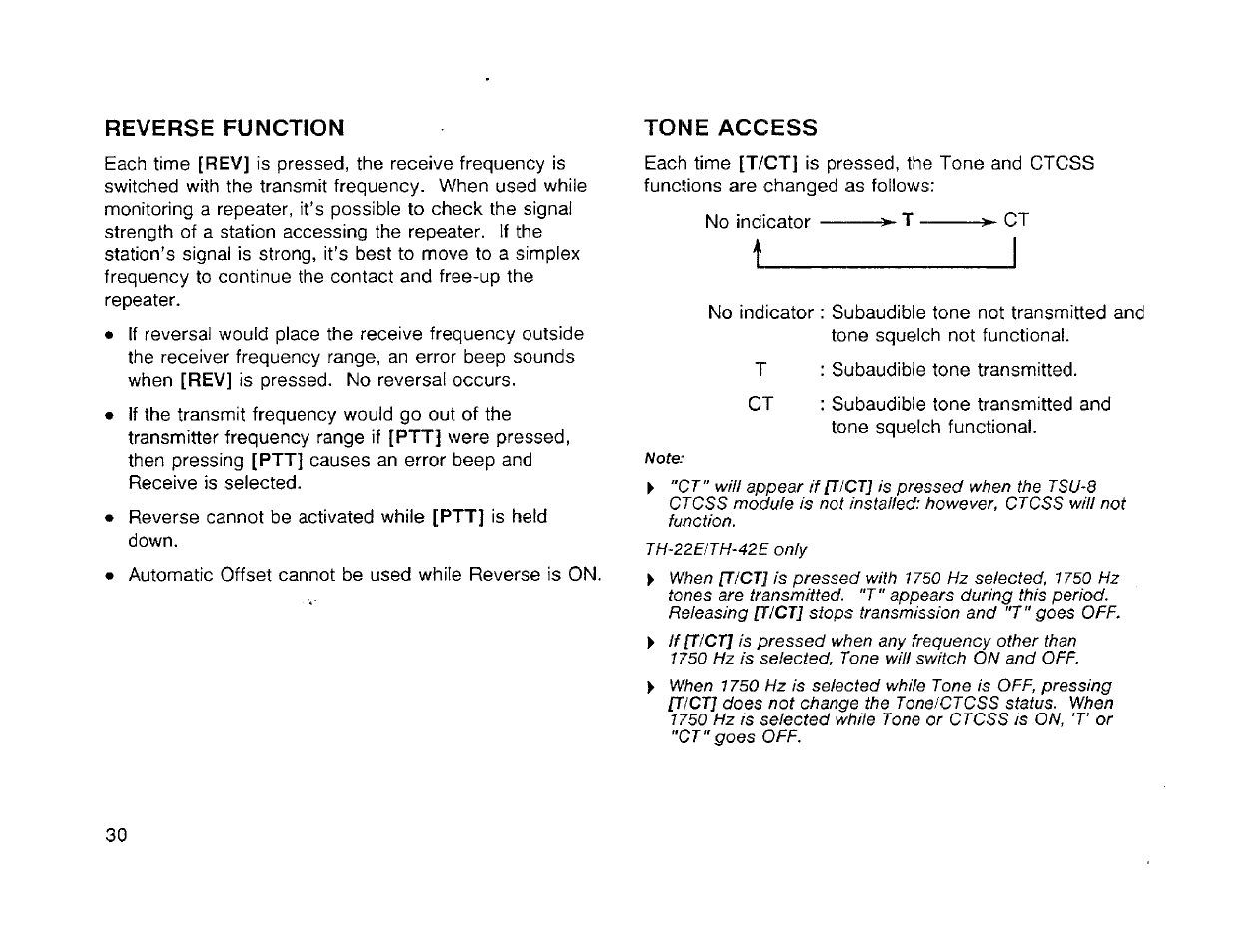 Reverse function tone access | Kenwood TH-42A User Manual | Page 36 / 78