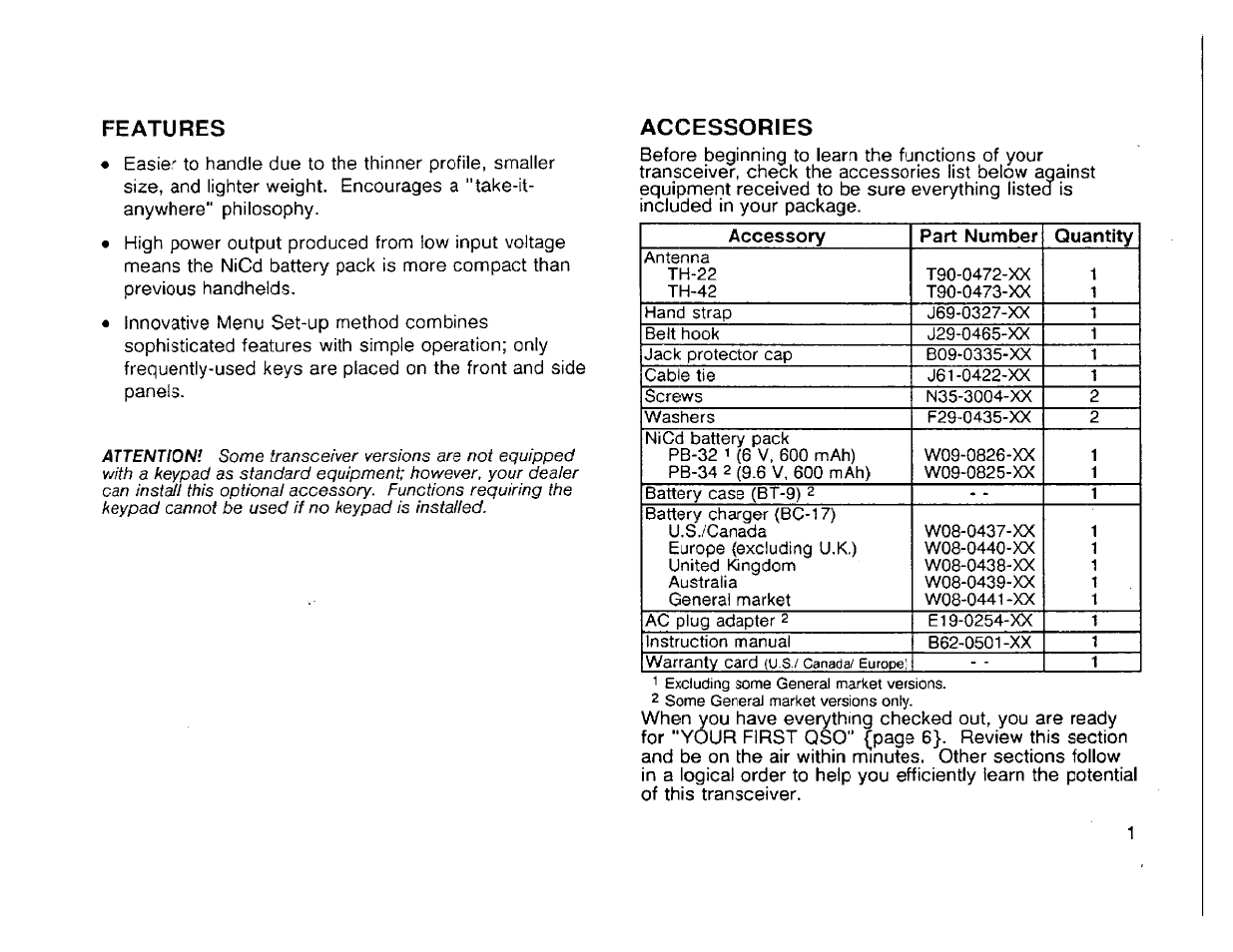 Features, Accessories | Kenwood TH-42A User Manual | Page 7 / 78
