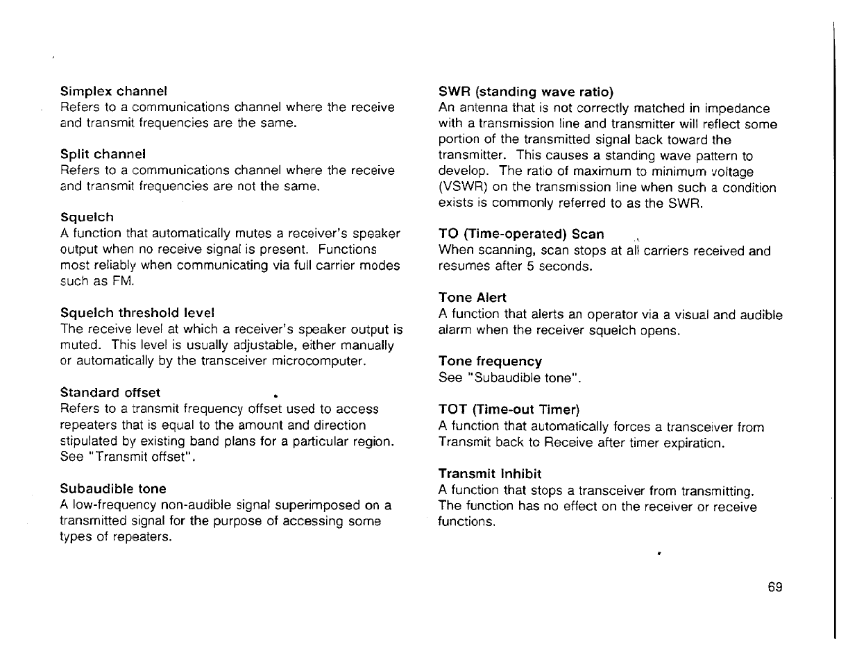 Simplex channel, Split channel, Squelch | Squelch threshold level, Standard offset, Subaudible tone, Swr (standing wave ratio), To (time-operated) scan, Tone alert, Tone frequency | Kenwood TH-42A User Manual | Page 71 / 78