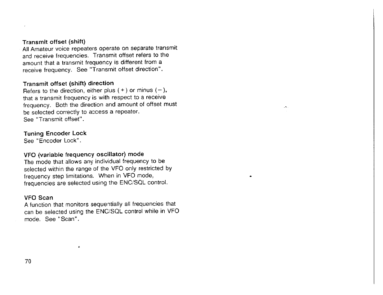 Transmit offset (shift), Transmit offset (shift) direction, Tuning encoder lock | Vfo (variable frequency oscillator) mode, Vfo scan, Transmitter offsets | Kenwood TH-42A User Manual | Page 72 / 78