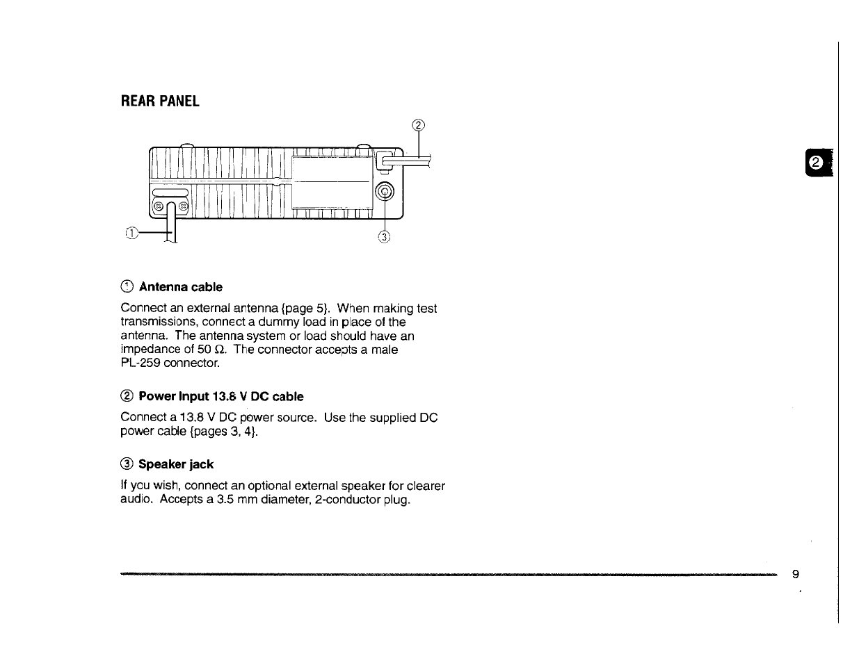 Rear panel, Antenna cable, Power input 13.8 v dc cable | Speaker jack | Kenwood TM-261A User Manual | Page 15 / 64