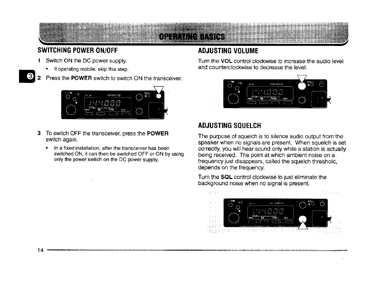 Switching power on/off, Adjusting volume, Adjusting squelch | Kenwood TM-261A User Manual | Page 20 / 64