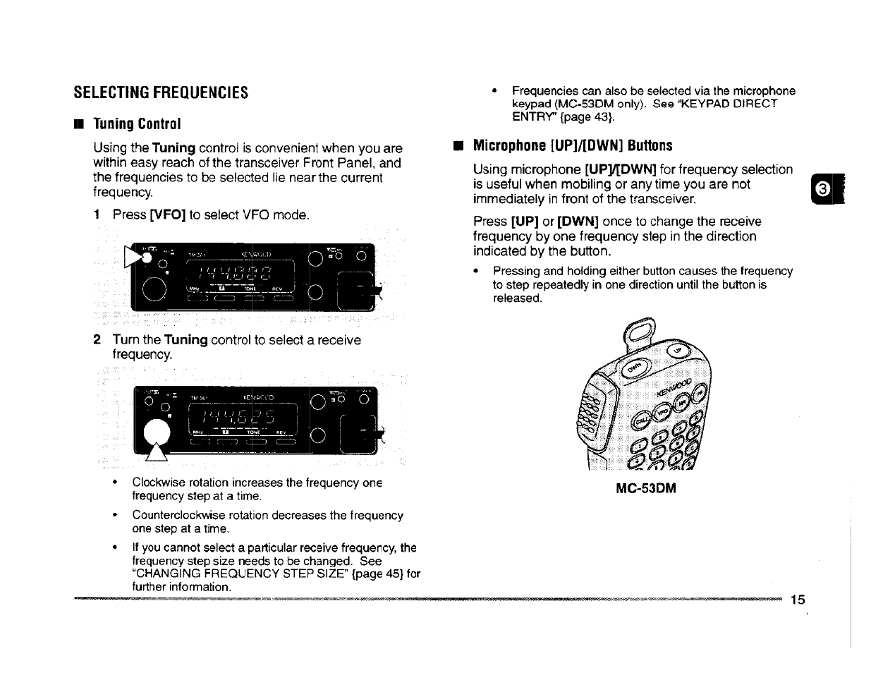 Selecting frequencies ■ tuning control, Microphone [up]/[dwn] buttons | Kenwood TM-261A User Manual | Page 21 / 64