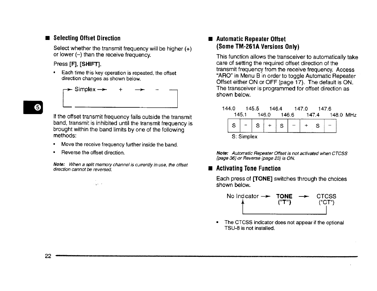 Selecting offset direction, Activating tone function, Tone | Kenwood TM-261A User Manual | Page 28 / 64