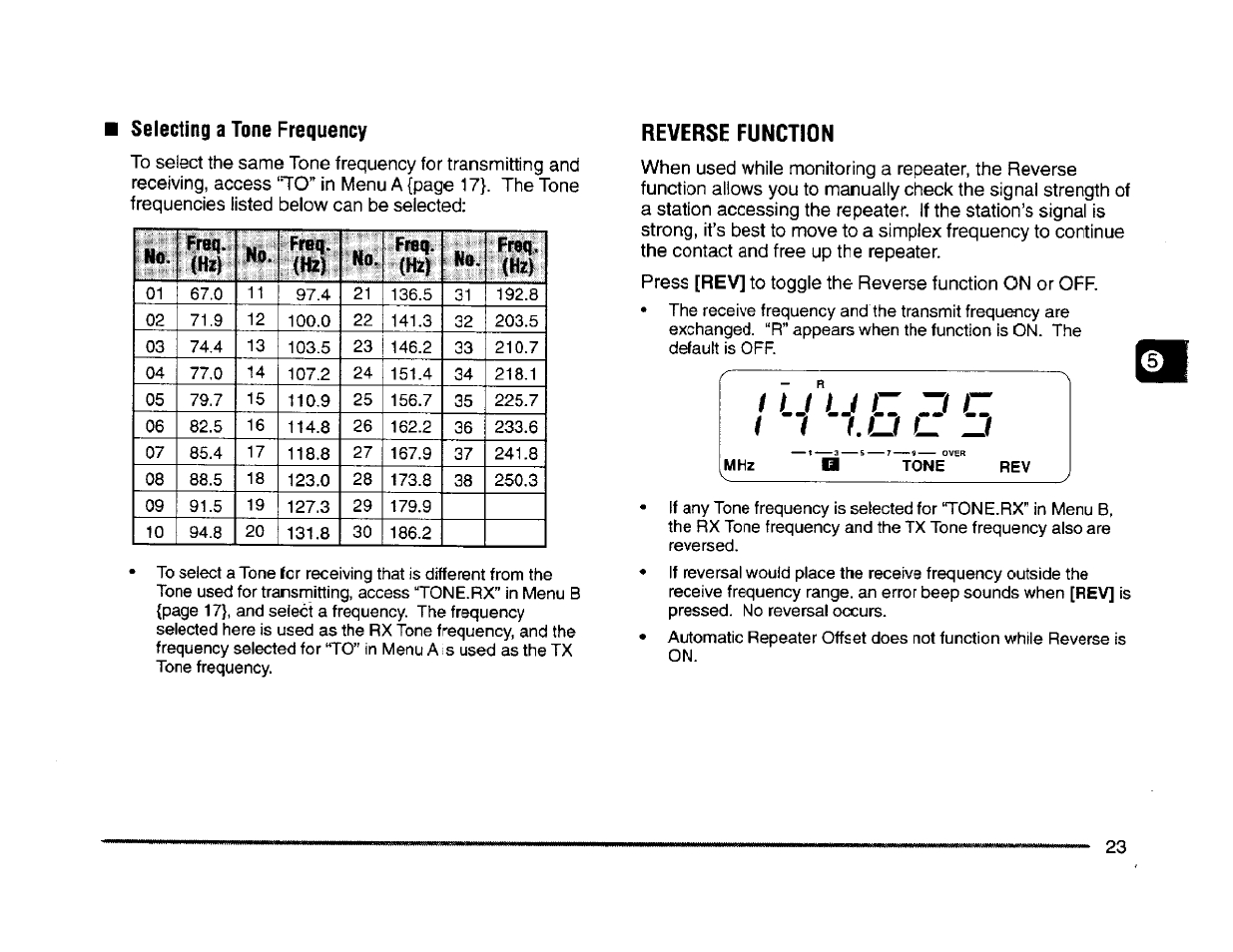 Selecting a tone frequency, Reverse function, T u и | I ( l u f _________ i | Kenwood TM-261A User Manual | Page 29 / 64