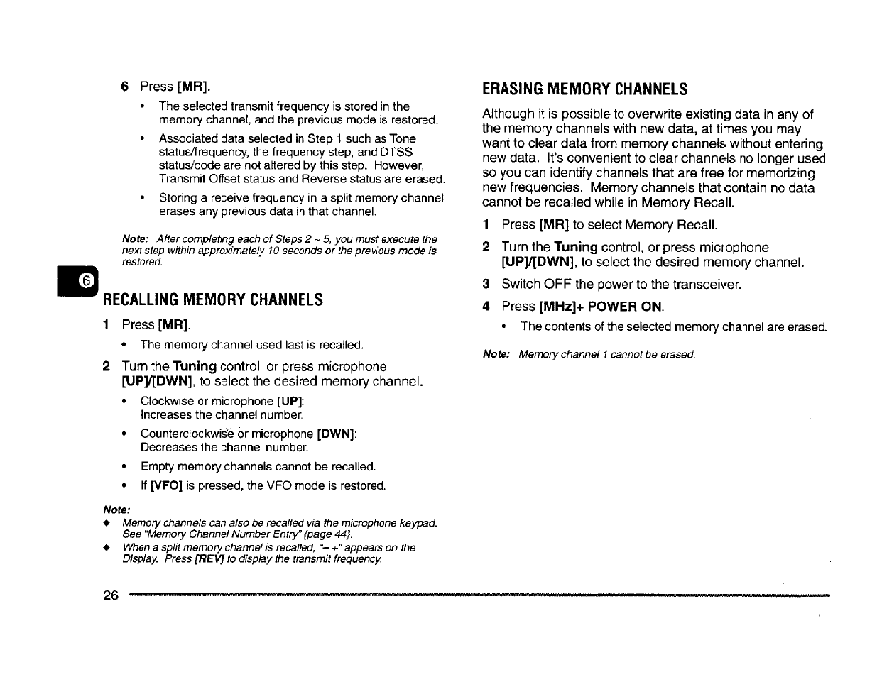 Recalling memory channels, Erasing memory channels, 4 press [mhz]+power on | Kenwood TM-261A User Manual | Page 32 / 64