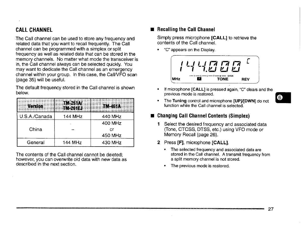 Call channel, Recalling the call channel, Changing call channel contents (simplex) | U u nt m m | Kenwood TM-261A User Manual | Page 33 / 64
