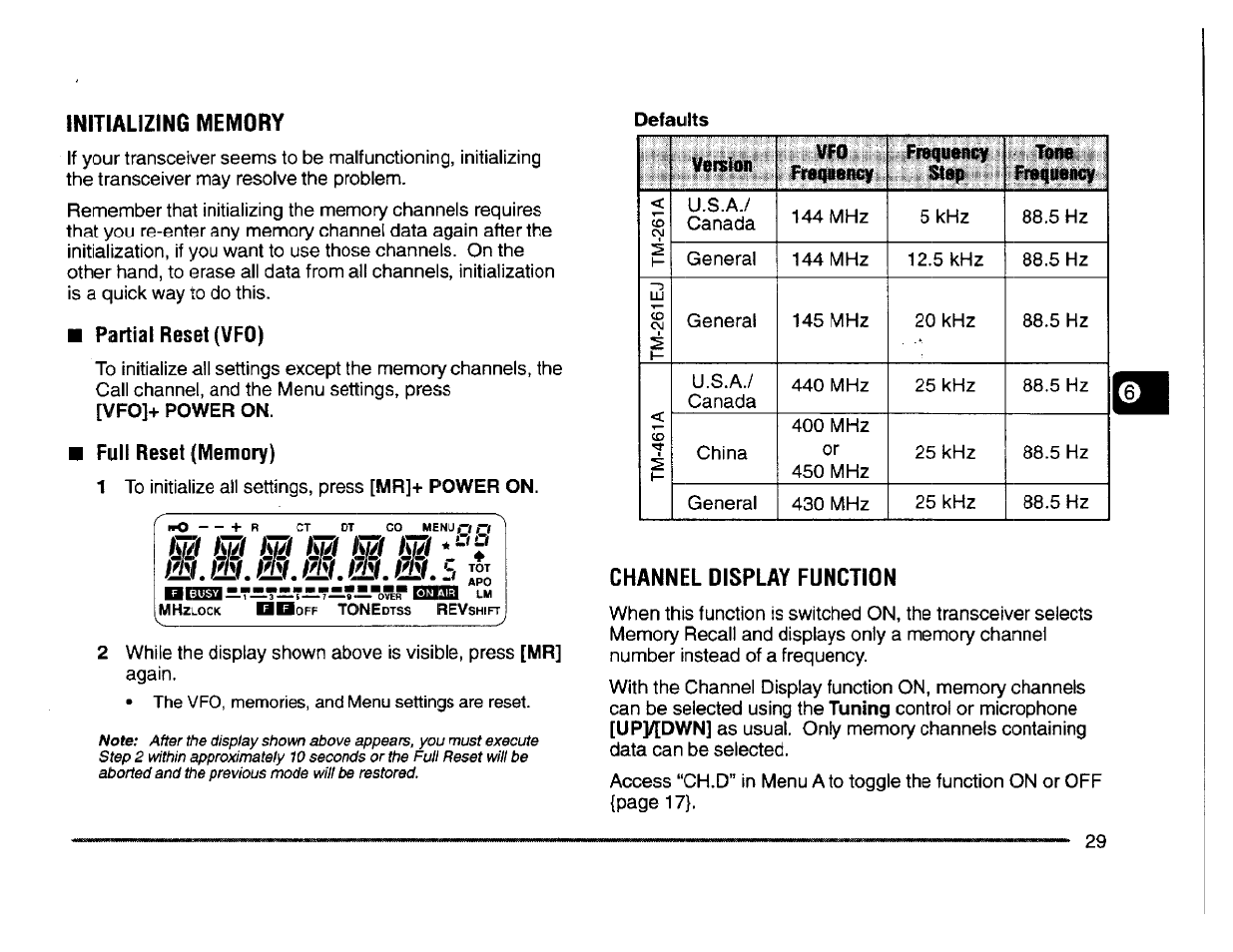 Initializing memory, Partial reset (vfo), Full reset (memory) | Channel display function, Ét. m. m, Vfoj+ power on, Mr]+ power on. defaults, Tuning, Upmdwn | Kenwood TM-261A User Manual | Page 35 / 64