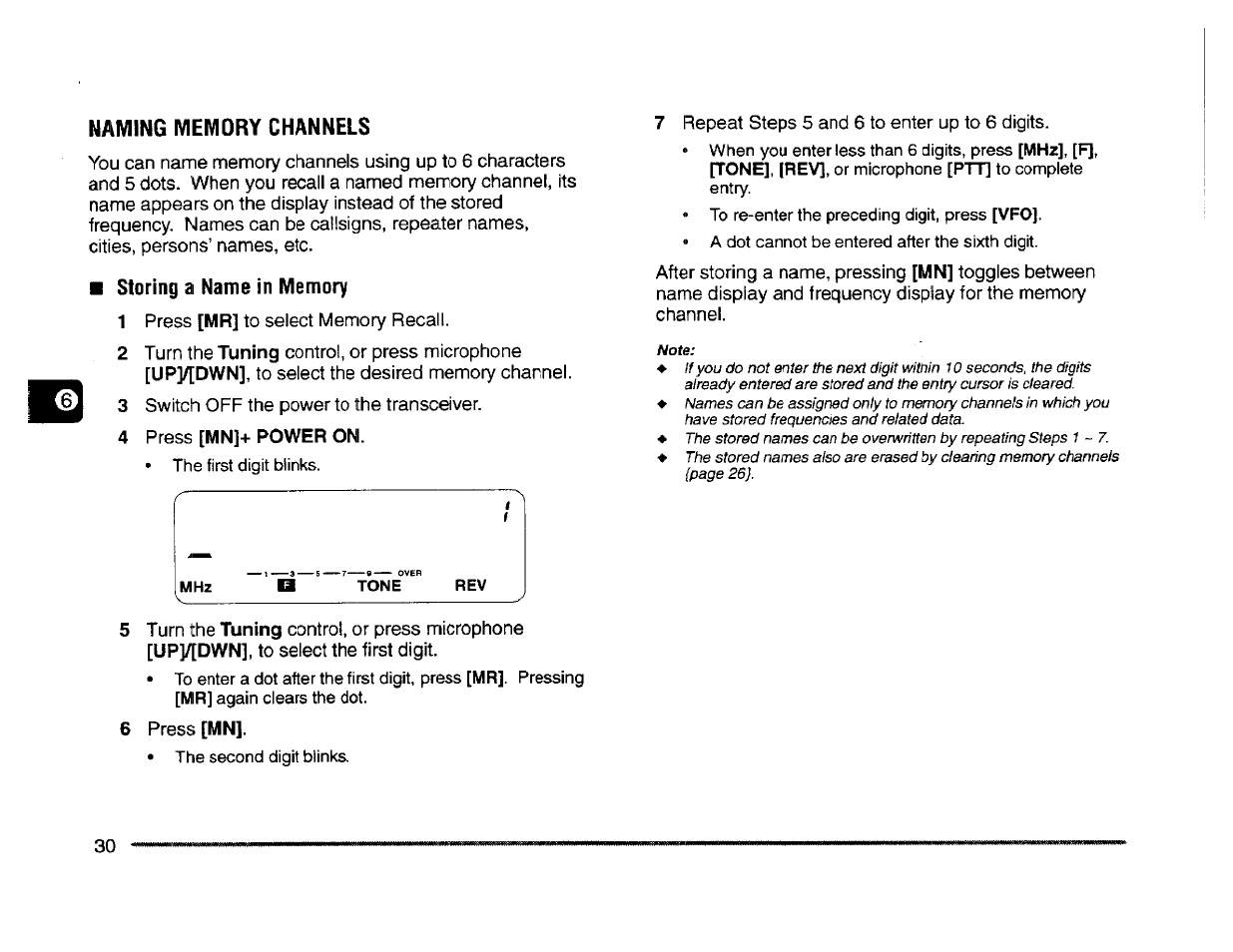 Naming memory channels, Storing a name in memory, 4 press [mn]+power on | Kenwood TM-261A User Manual | Page 36 / 64