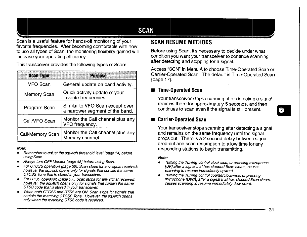 Scan resume methods, Time-operated scan, Carrier-operated scan | Kenwood TM-261A User Manual | Page 37 / 64