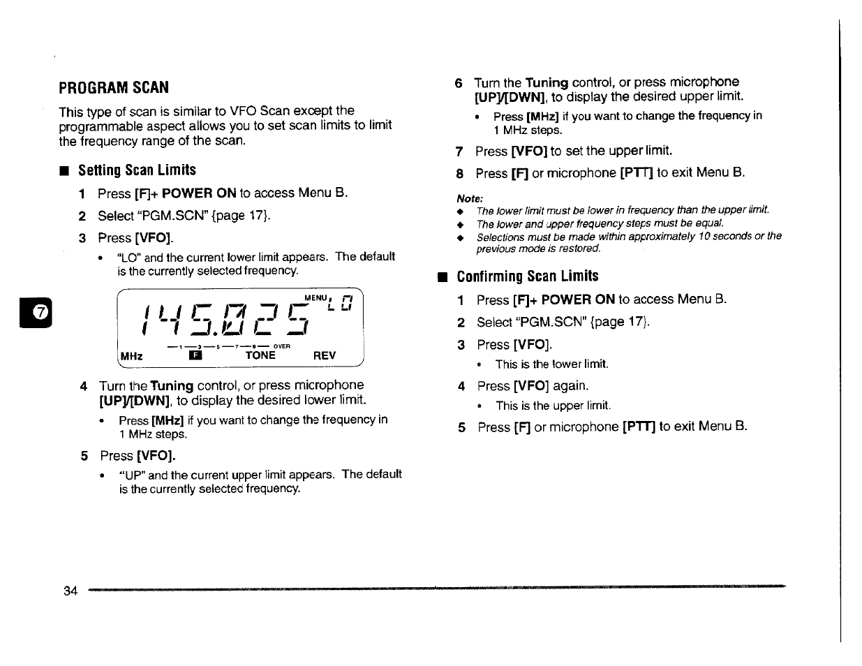 Program scan, Setting scan limits, Confirming scan limits | I i i | Kenwood TM-261A User Manual | Page 40 / 64