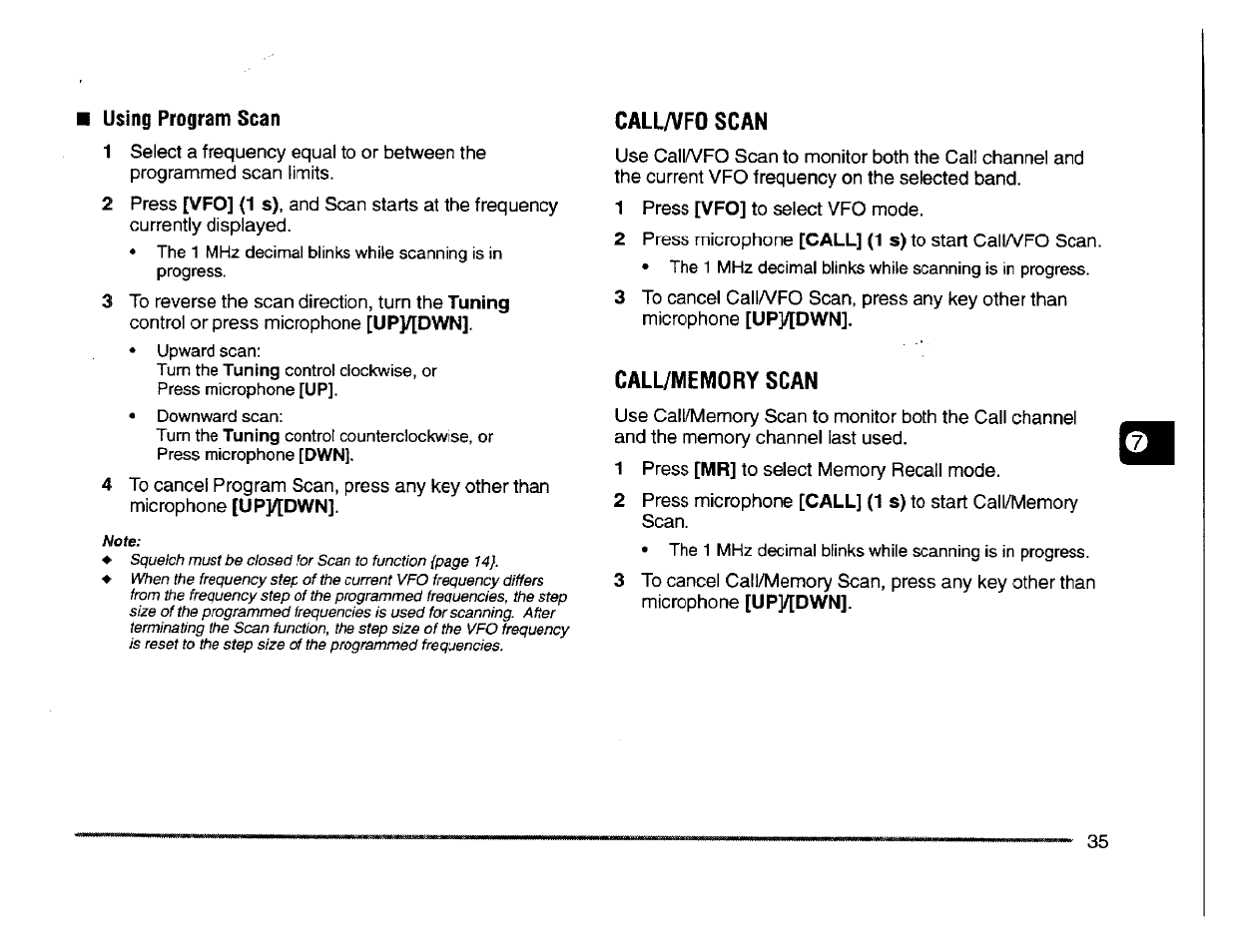 Using program scan, Call/vfo scan, Call/memory scan | Memory scan, Calla/fo scan | Kenwood TM-261A User Manual | Page 41 / 64