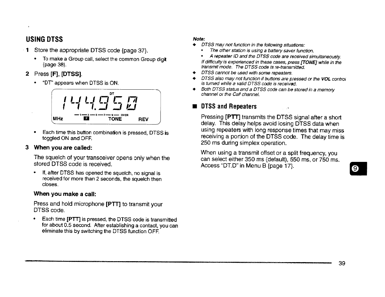 Using dtss, 2 press [f], [dtss, 3 when you are called | Dtss and repeaters, O ct, T u u | Kenwood TM-261A User Manual | Page 45 / 64