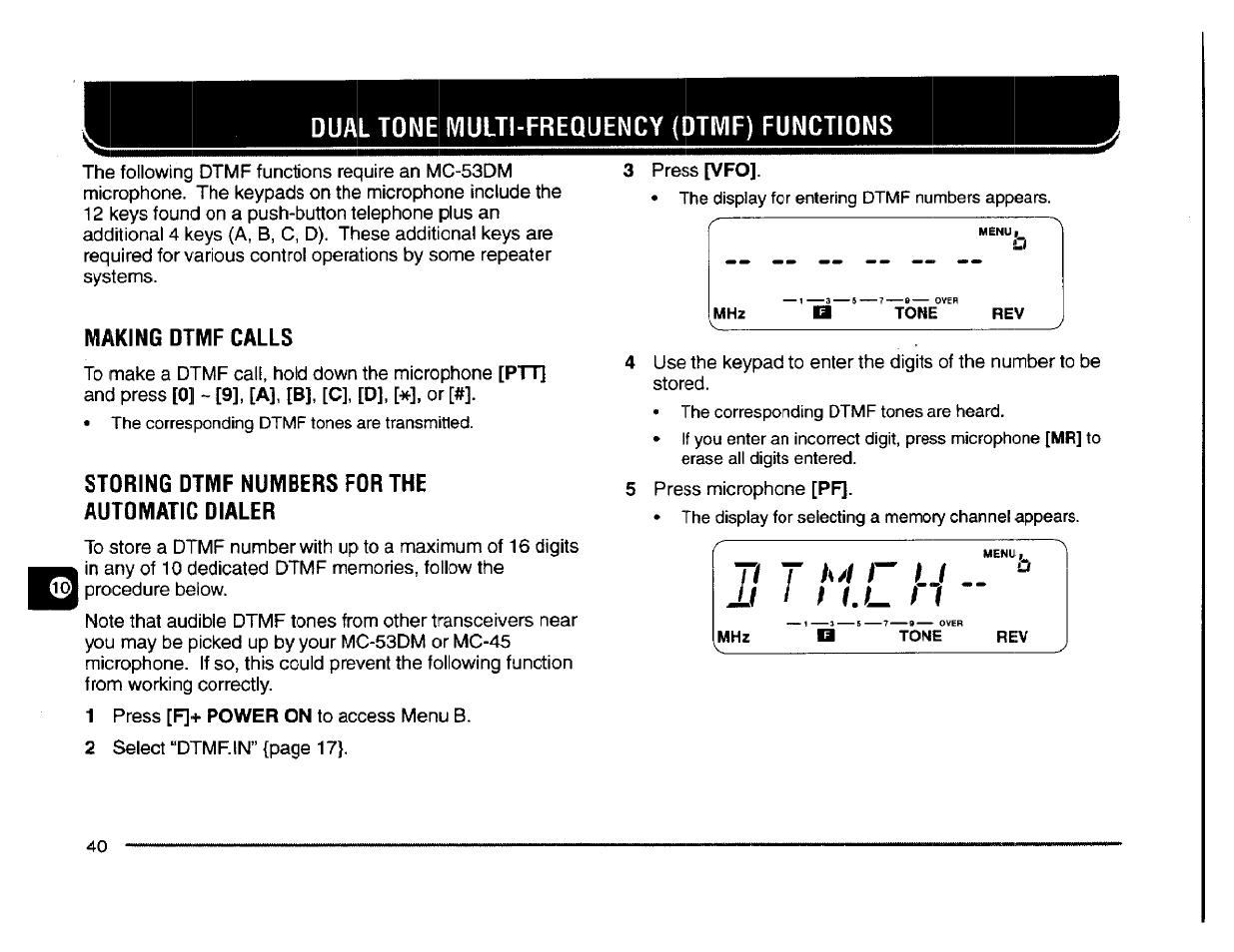 Making dtmf calls, Storing dtmf numbers for the automatic dialer | Kenwood TM-261A User Manual | Page 46 / 64