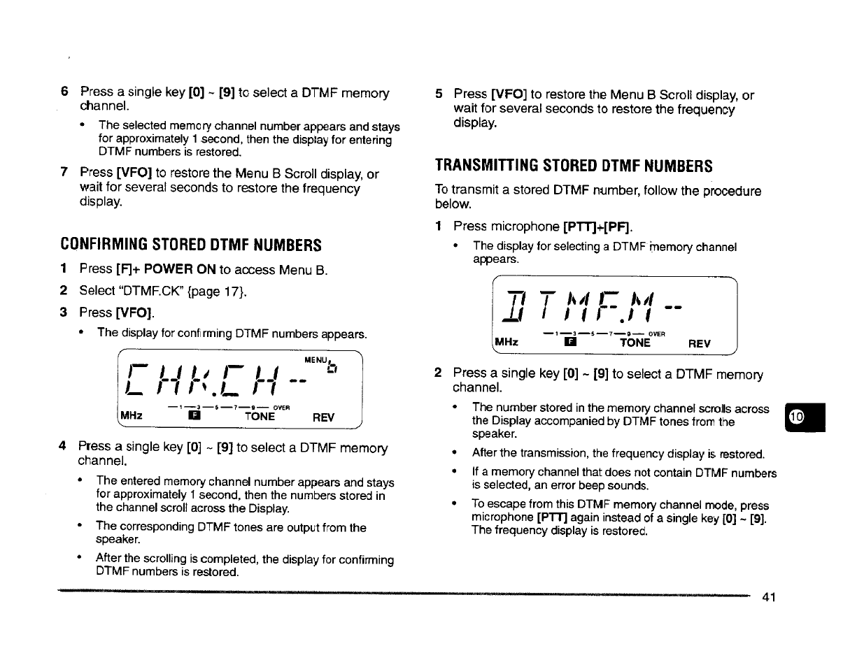 Confirming stored dtmf numbers, Transmining stored dtmf numbers, Transmitting stored dtmf numbers | M i . m | Kenwood TM-261A User Manual | Page 47 / 64