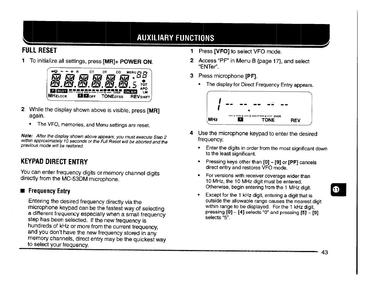 Full reset, Keypad direct entry, Frequency entry | Lartien j, Auxiliary functions, W. m. m. idu. m | Kenwood TM-261A User Manual | Page 49 / 64