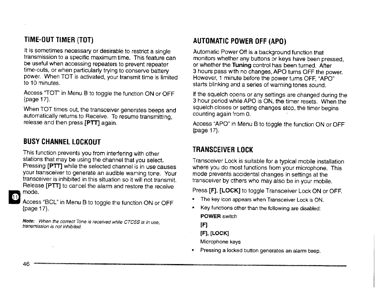 Time-out timer (тот), Busy channel lockout, Automatic power off (apo) | Transceiver lock, Time-out timer (tot) | Kenwood TM-261A User Manual | Page 52 / 64