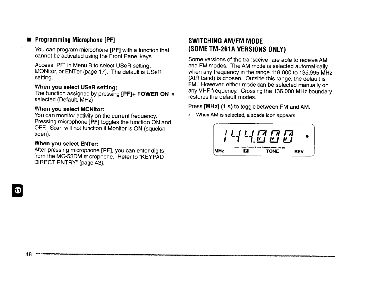 Programming microphone [pf, Switching am/fm mode (some tm-261a versions only), U u hi nt m | I f uu u u | Kenwood TM-261A User Manual | Page 54 / 64