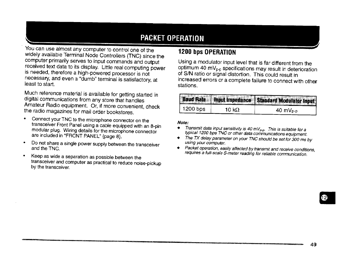 Packet operation, 1200 bps operation, Sattdme impedaiiee stetard f | Kenwood TM-261A User Manual | Page 55 / 64