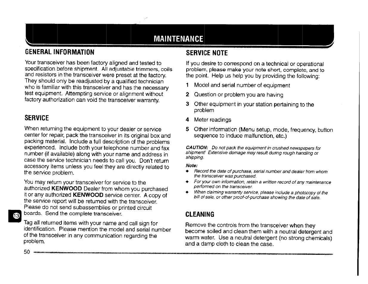 General information, Service, Service note | Cleaning, Maintenance | Kenwood TM-261A User Manual | Page 56 / 64