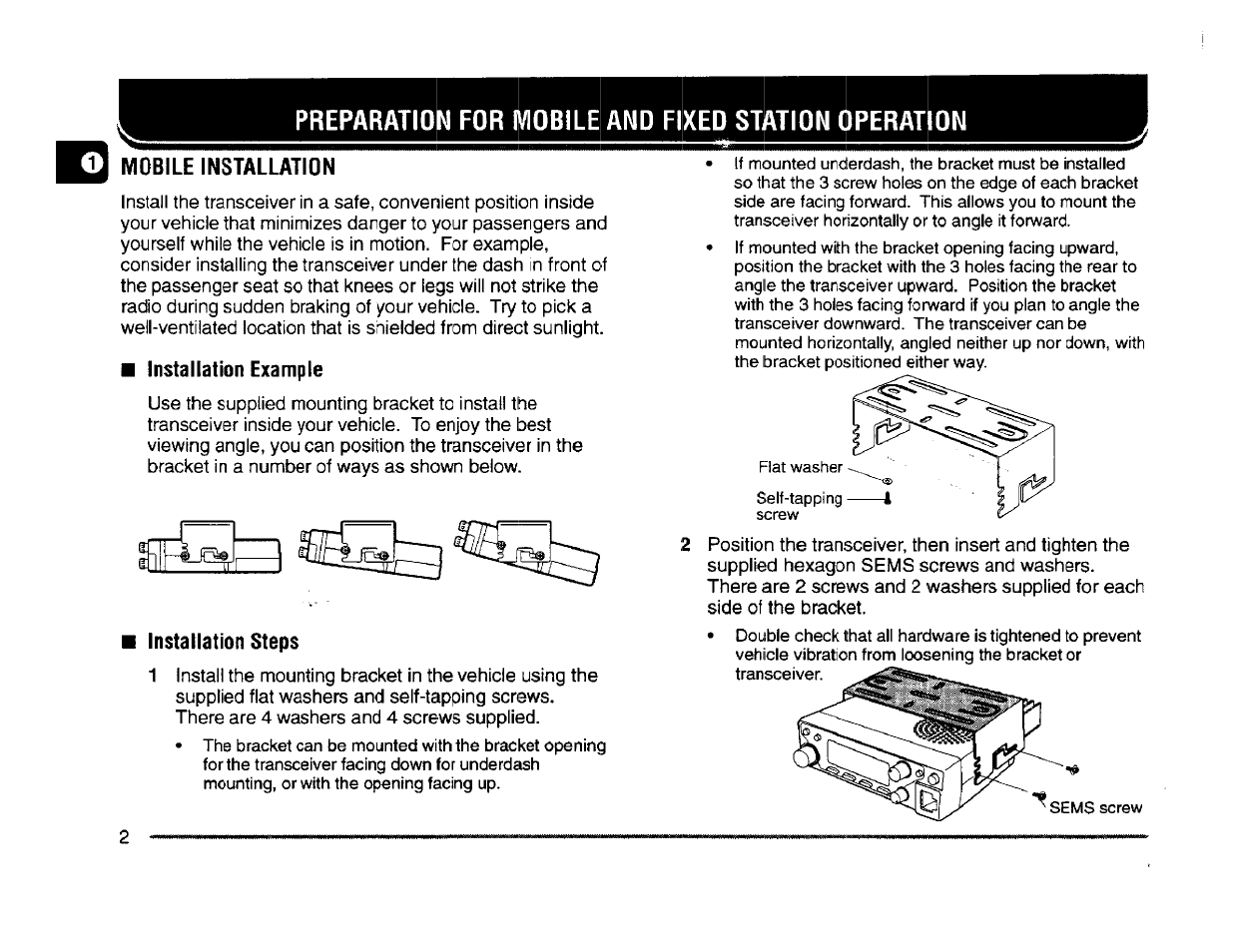11 mobile installation, Installation example, Installation steps | Mobile installation, Preparation for mobile and fixed station operation | Kenwood TM-261A User Manual | Page 8 / 64