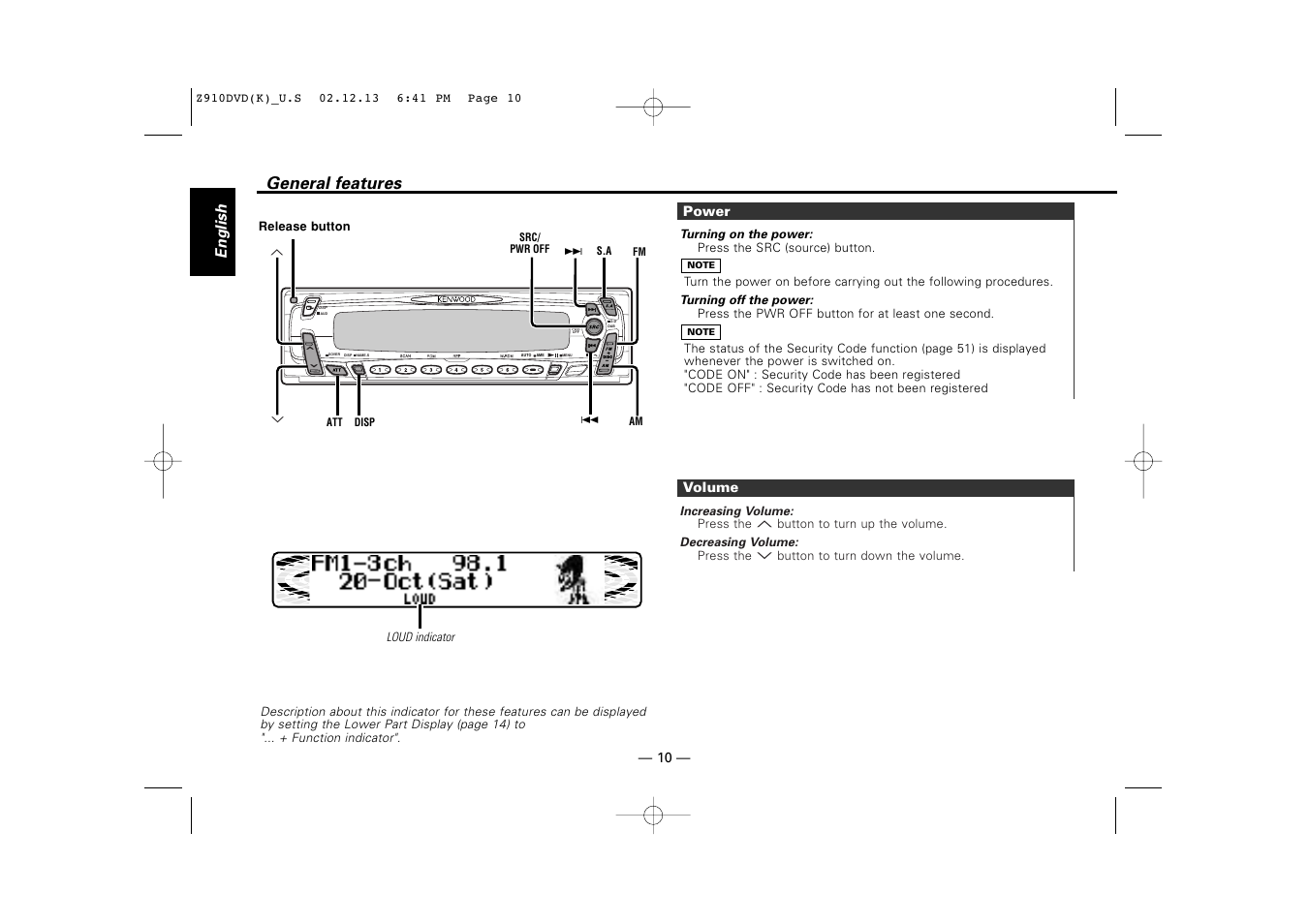 General features, English | Kenwood Z910DVD[R] User Manual | Page 10 / 71