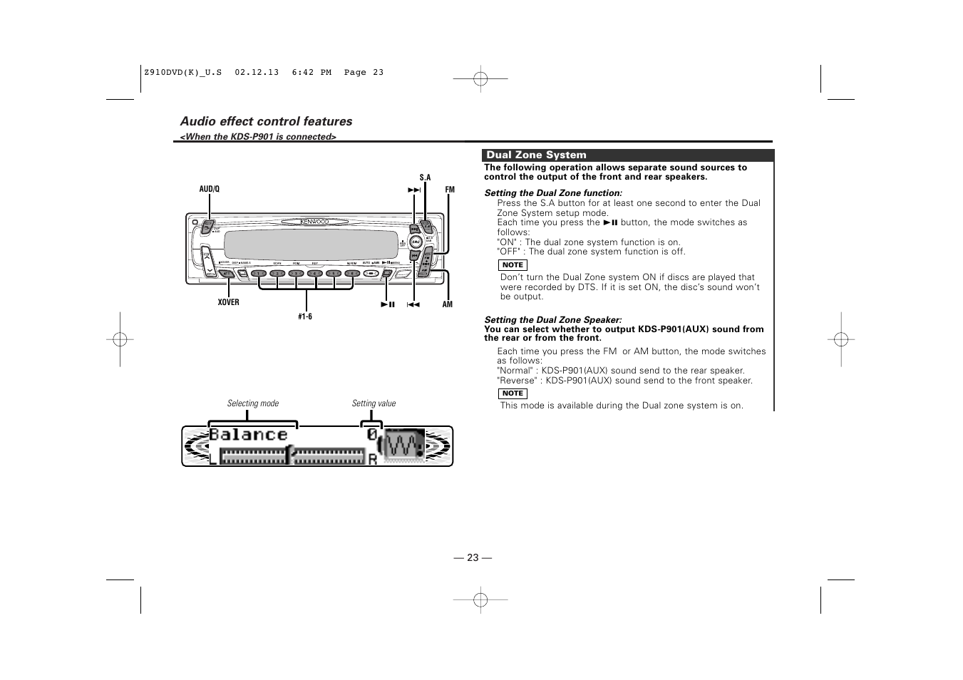 Audio effect control features, Dual zone system | Kenwood Z910DVD[R] User Manual | Page 23 / 71