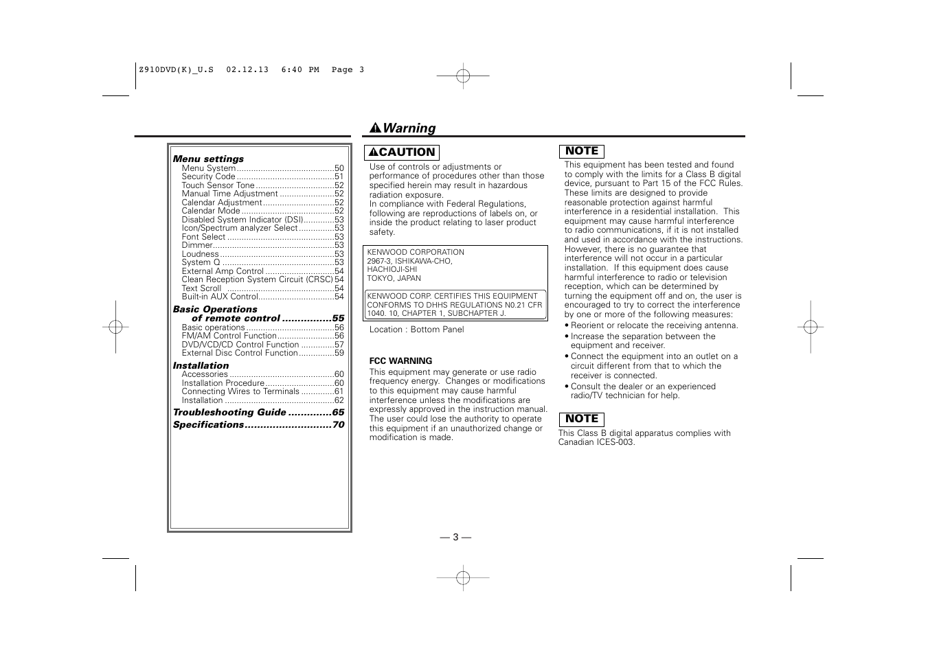 Warning, 2 warning | Kenwood Z910DVD[R] User Manual | Page 3 / 71