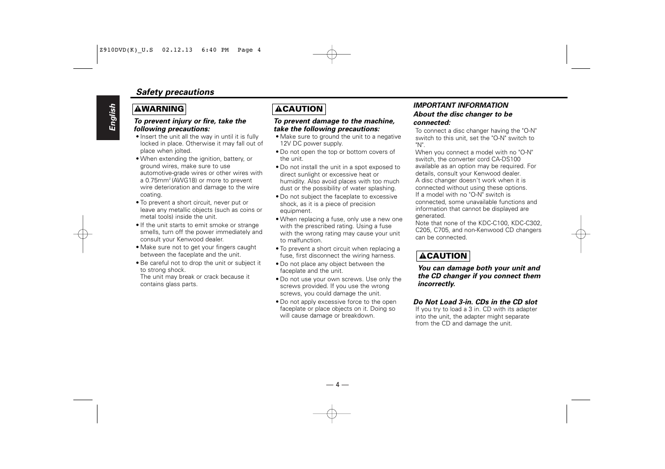 Safety precautions | Kenwood Z910DVD[R] User Manual | Page 4 / 71