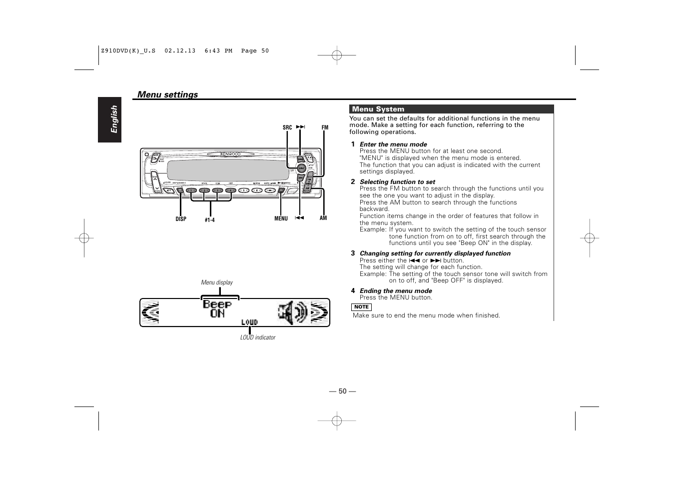 Menu settings, English | Kenwood Z910DVD[R] User Manual | Page 50 / 71