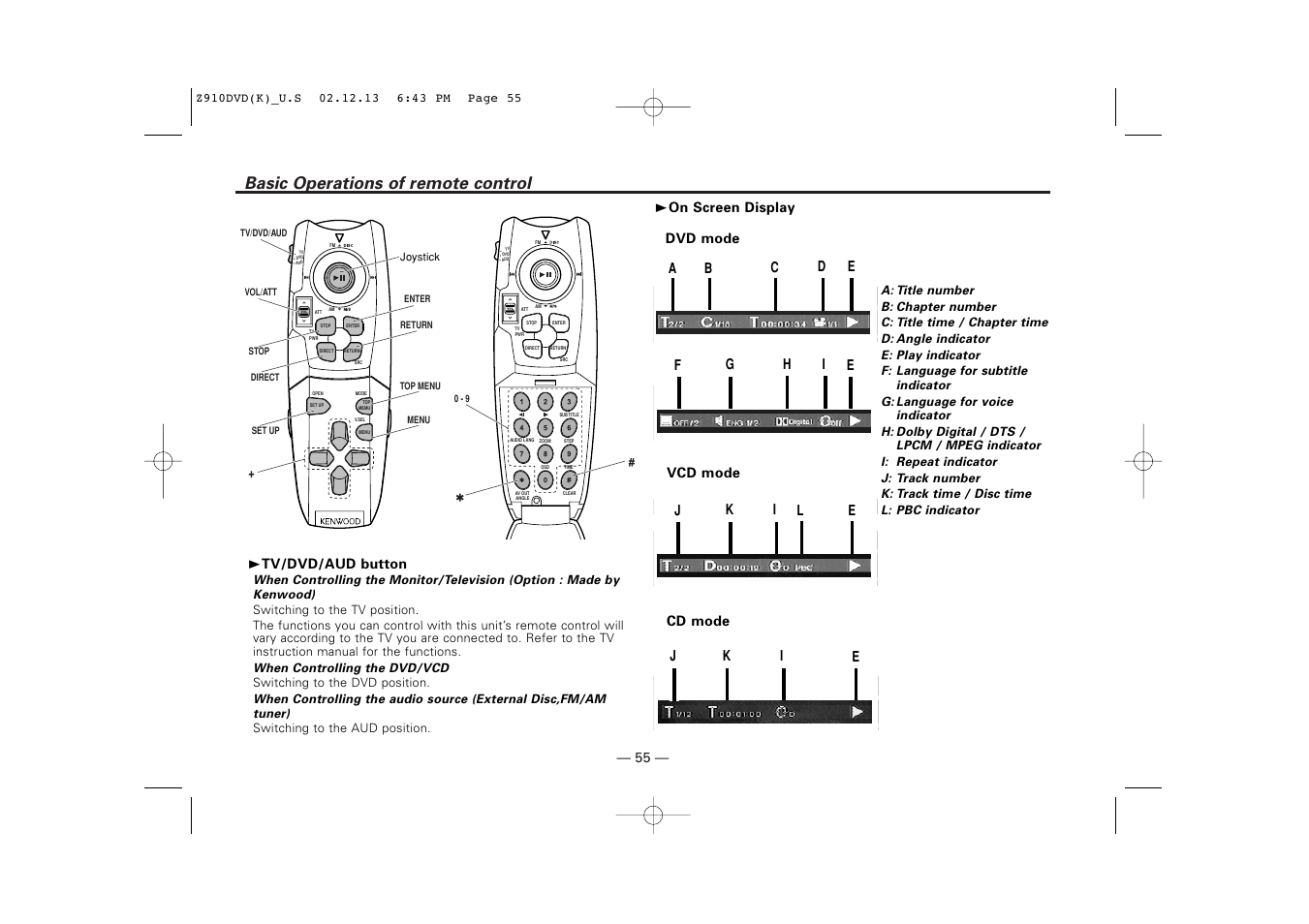 Basic operations of remote control, 3 tv/dvd/aud button, Dvd mode vcd mode cd mode | Kenwood Z910DVD[R] User Manual | Page 55 / 71