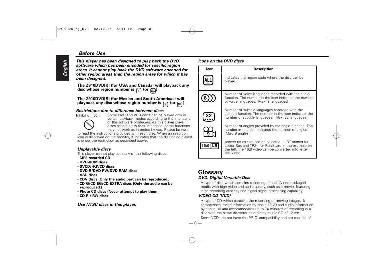 Before use, Glossary | Kenwood Z910DVD[R] User Manual | Page 8 / 71