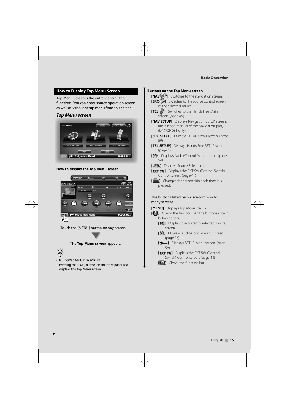 Top menu screen | Kenwood DDX8024BT User Manual | Page 15 / 100