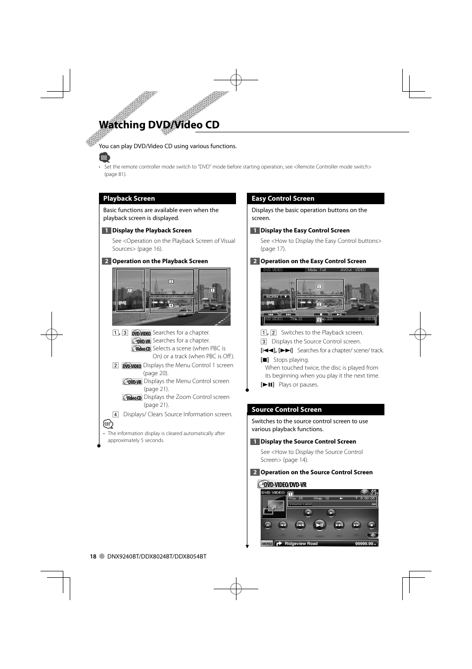 Watching dvd/video cd | Kenwood DDX8024BT User Manual | Page 18 / 100