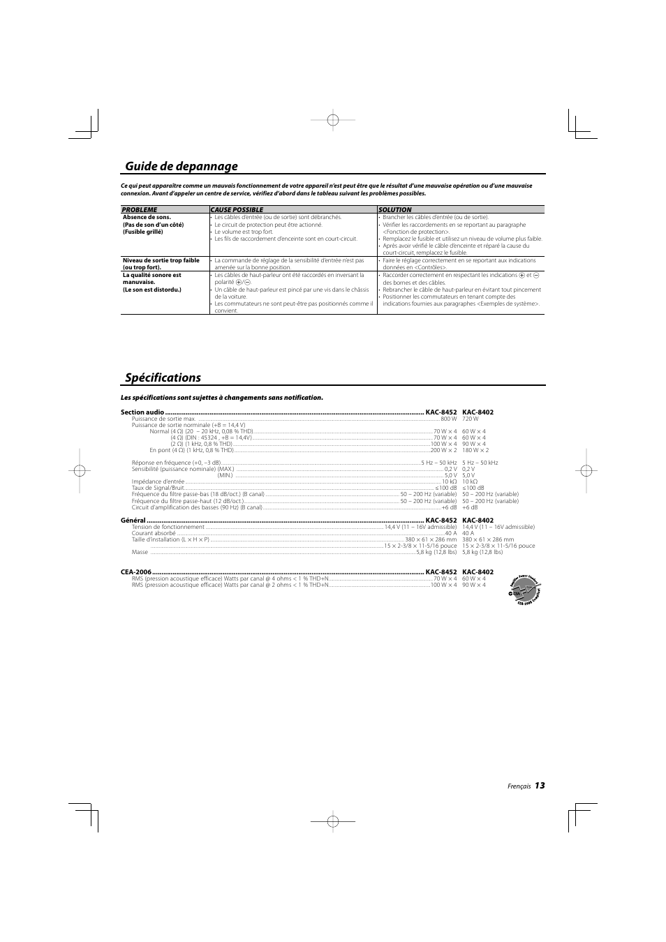 Guide de depannage, Spécifications | Kenwood KAC-8452 User Manual | Page 13 / 20