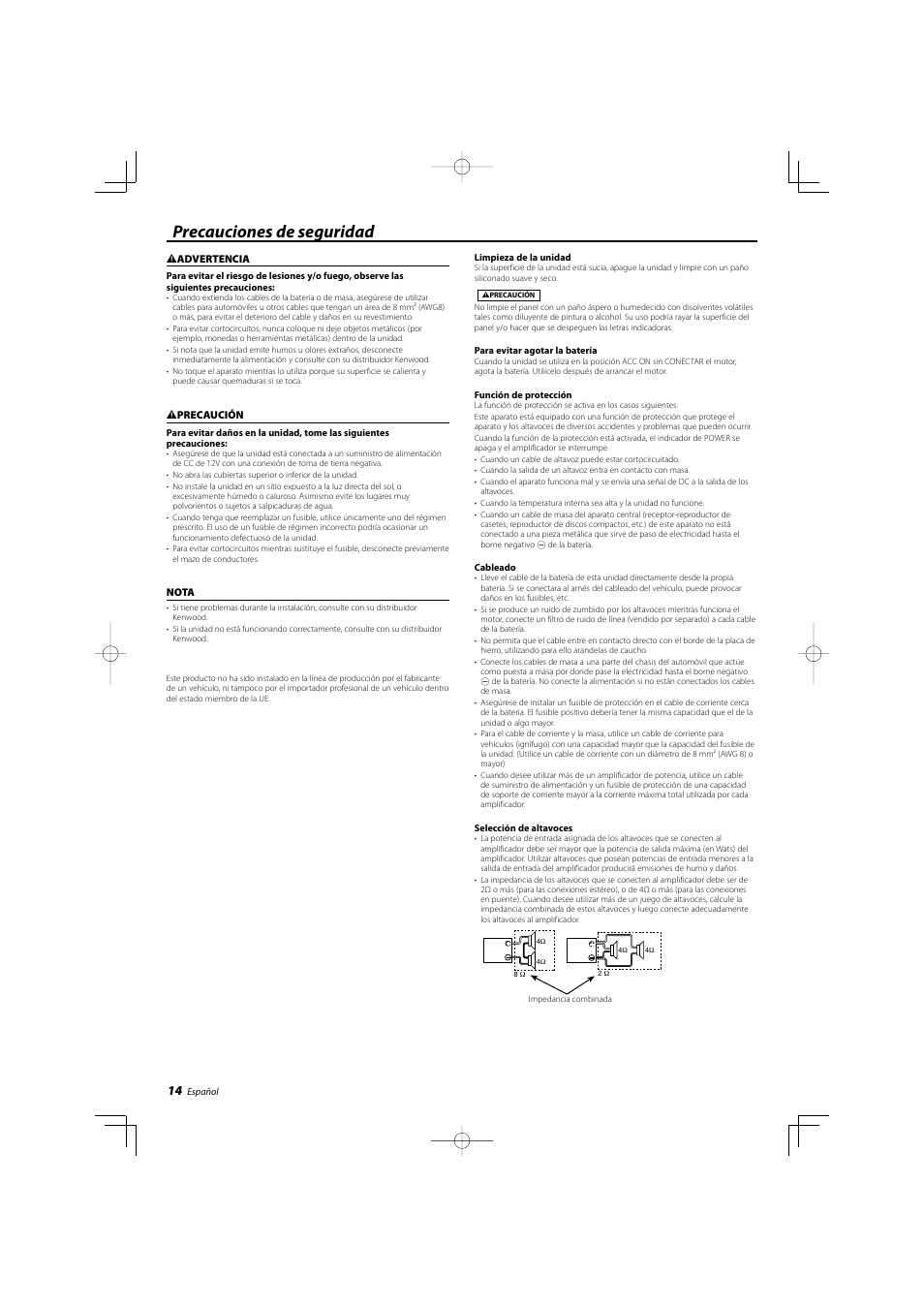 Spanish, Precauciones de seguridad | Kenwood KAC-8452 User Manual | Page 14 / 20