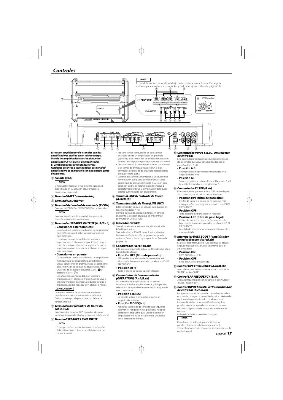 Controles | Kenwood KAC-8452 User Manual | Page 17 / 20