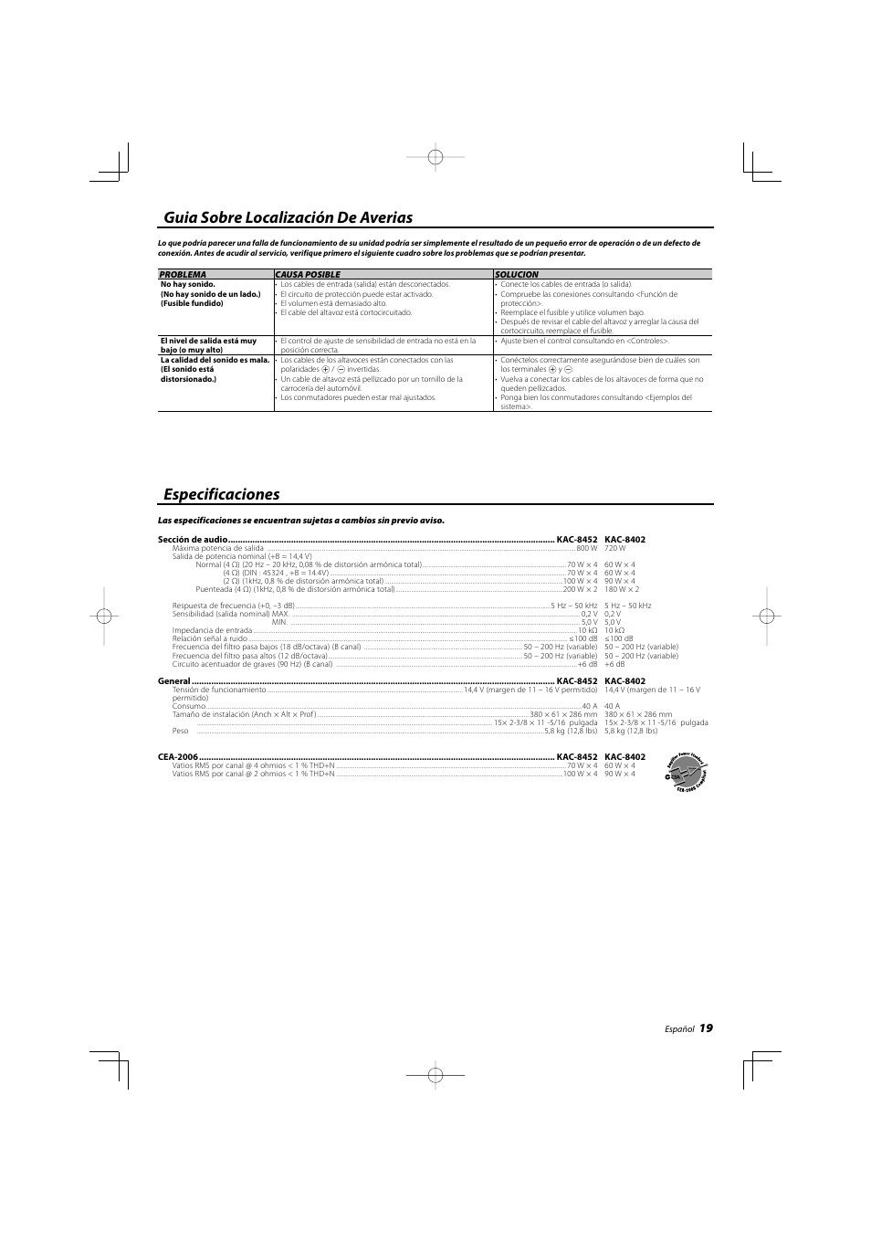 Guia sobre localización de averias, Especificaciones | Kenwood KAC-8452 User Manual | Page 19 / 20