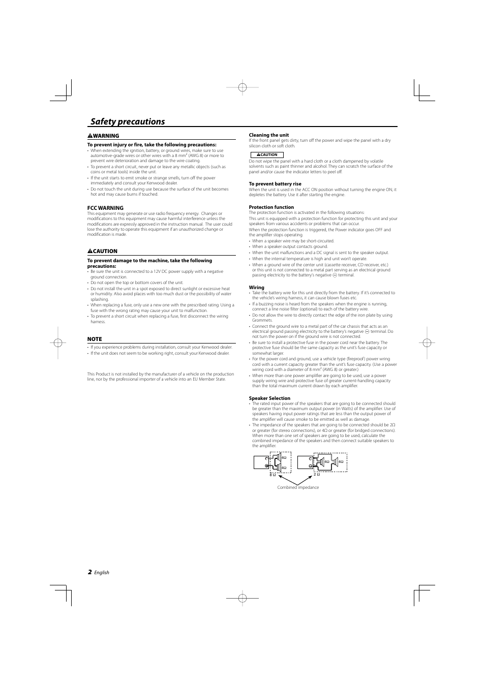 English, Safety precautions | Kenwood KAC-8452 User Manual | Page 2 / 20