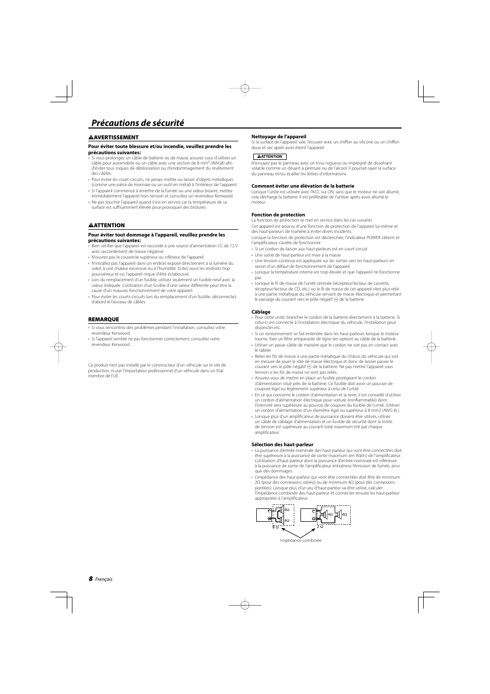 French, Précautions de sécurité | Kenwood KAC-8452 User Manual | Page 8 / 20