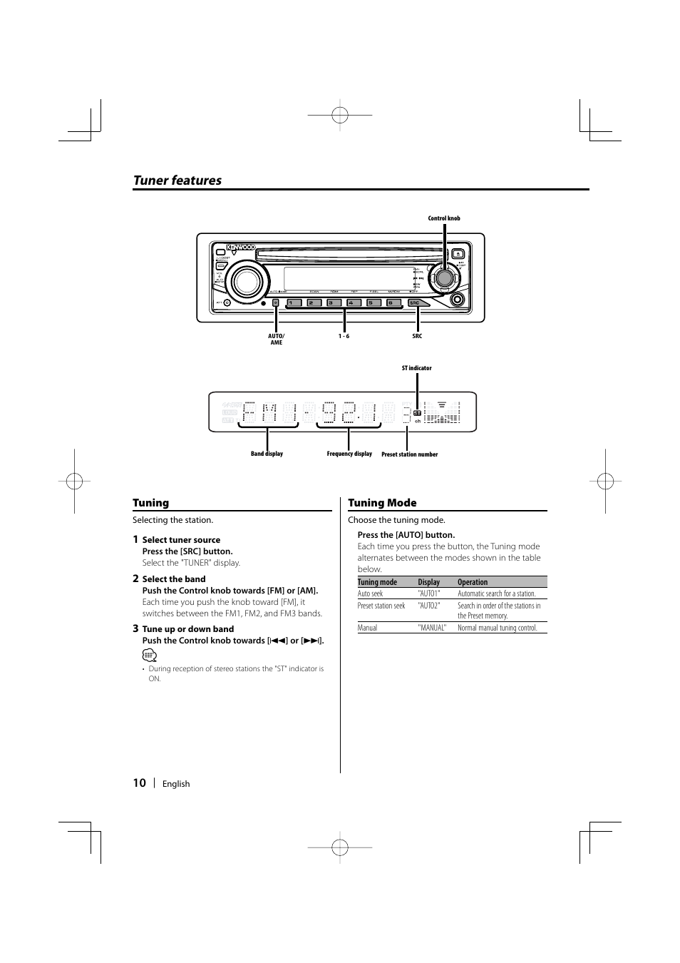 Tuner features, Tuning, Tuning mode | Kenwood KDC-MP336AX User Manual | Page 10 / 28