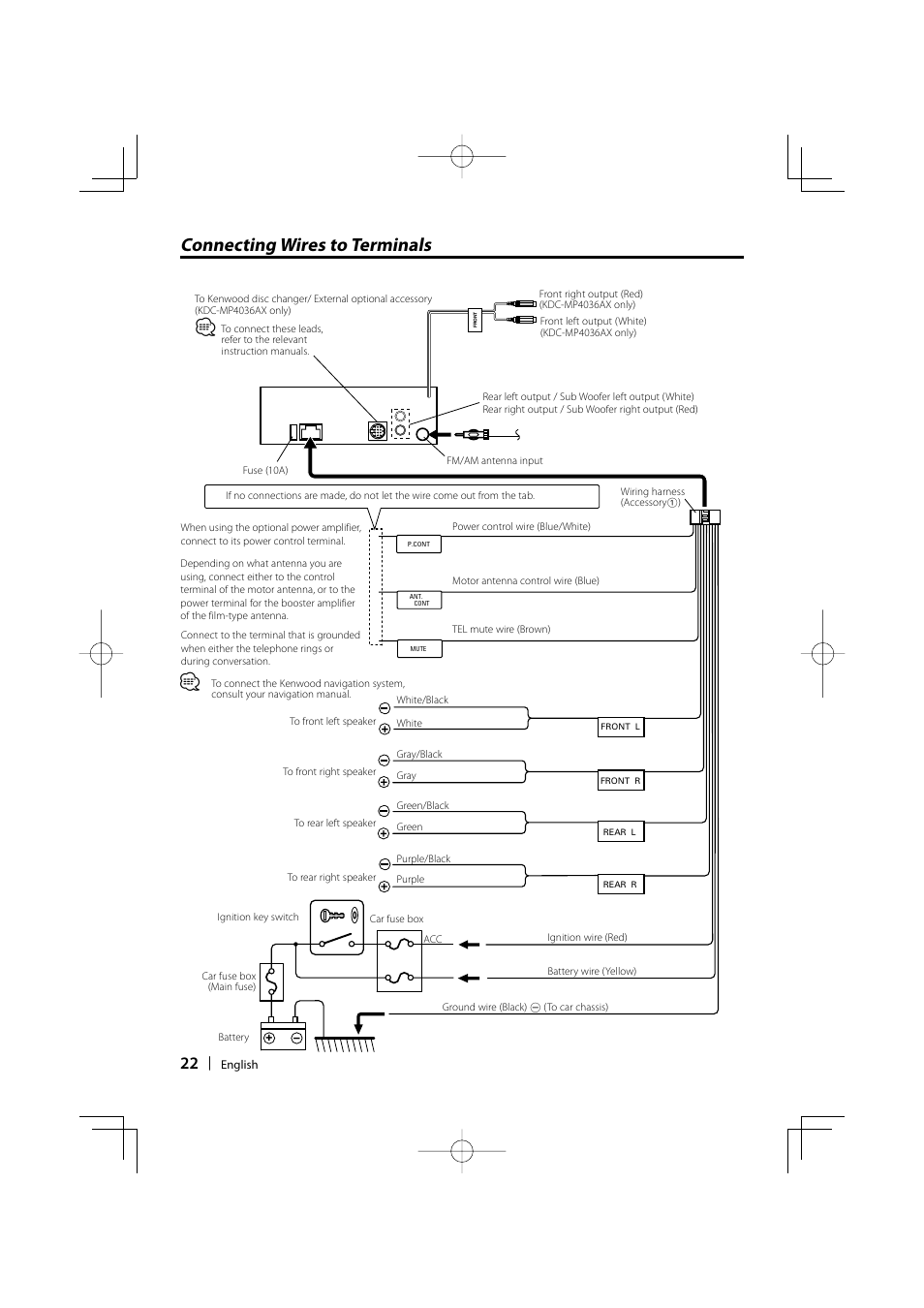 Connecting wires to terminals | Kenwood KDC-MP336AX User Manual | Page 22 / 28