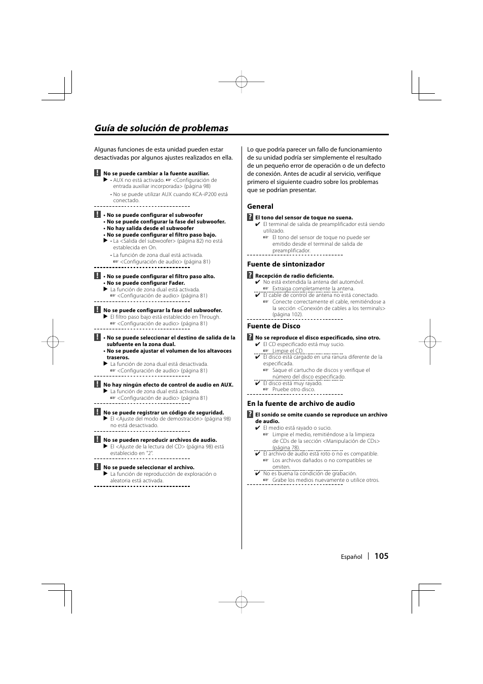 Guía de solución de problemas | Kenwood KDC-MP435U User Manual | Page 105 / 108