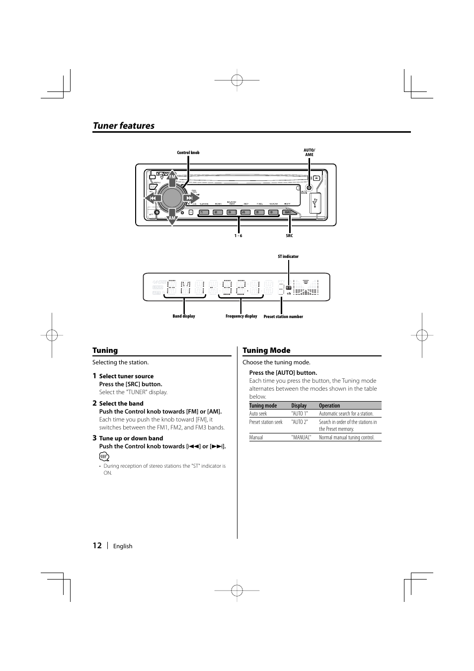 Tuner features, Tuning, Tuning mode | Kenwood KDC-MP435U User Manual | Page 12 / 108