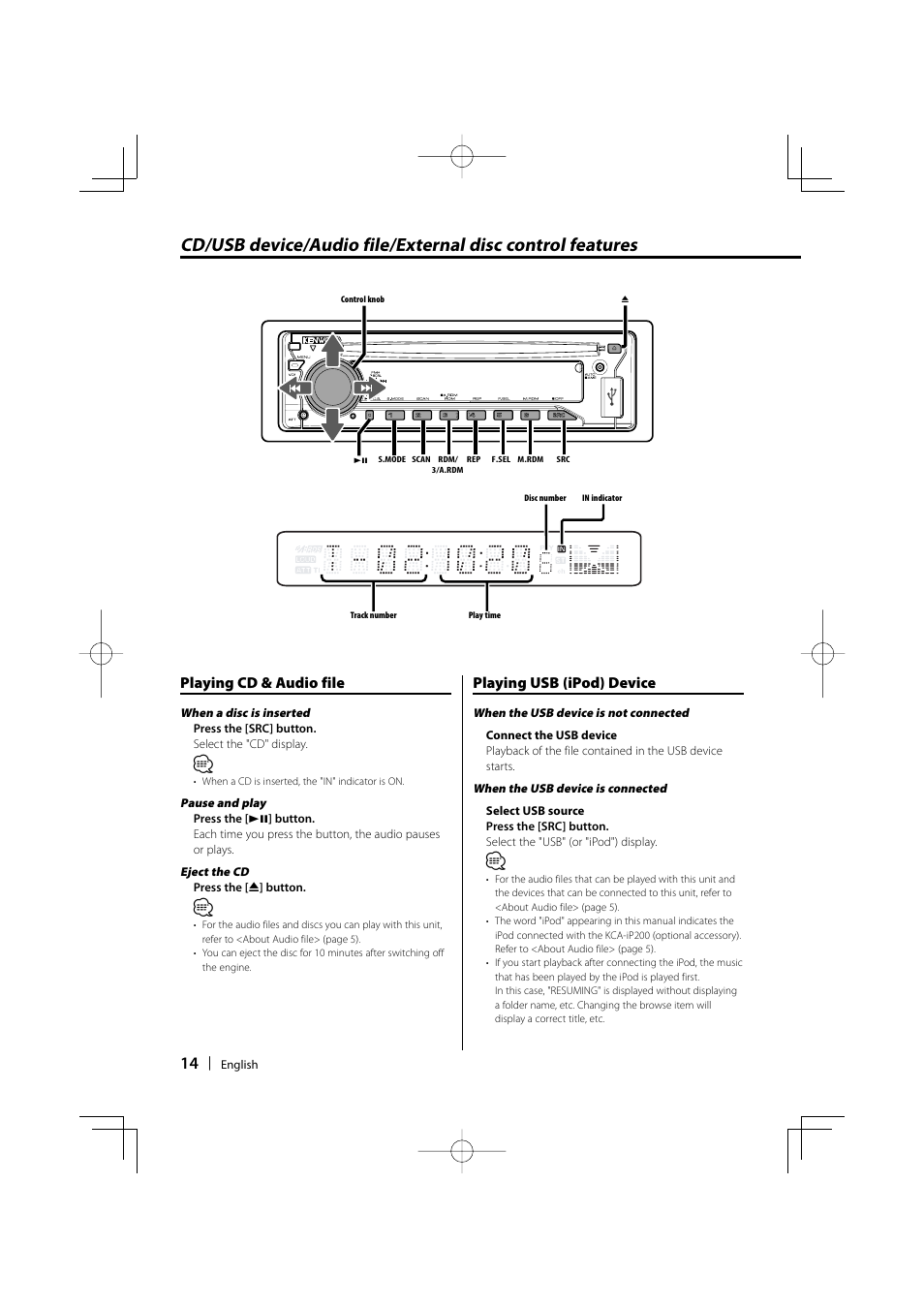 Playing cd & audio file, Playing usb (ipod) device | Kenwood KDC-MP435U User Manual | Page 14 / 108